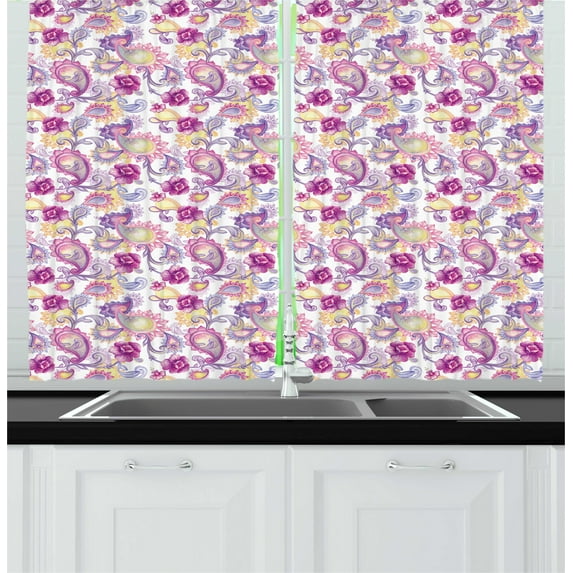 Ambesonne East Kitchen Curtains, Watercolor Peonies Art, 55"x45", Magenta Purple Yellow