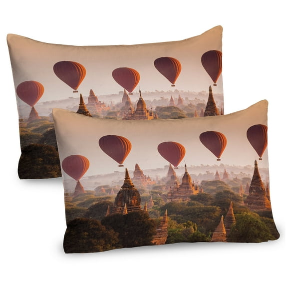 Ambesonne East Pillow Sham 2 Pack, Hot Air Balloon Myanmar, 30"x20", Peach Orange Cinnamon