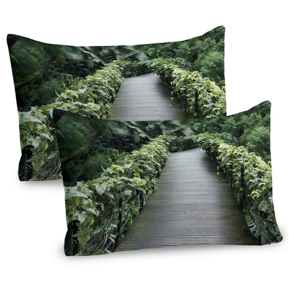Ambesonne East Pillow Sham 2 Pack, Scenic Pathway in Singapore, 30"x20", Green Brown Fern Green
