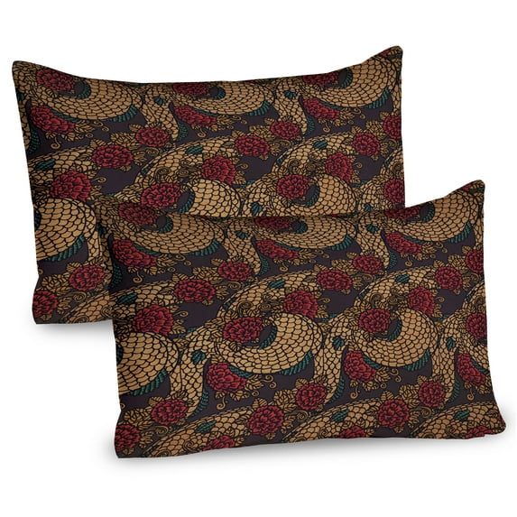 Ambesonne East Pillow Sham 2 Pack, Traditional Roses Dragon, 30"x20", Jade Green Sand Brown