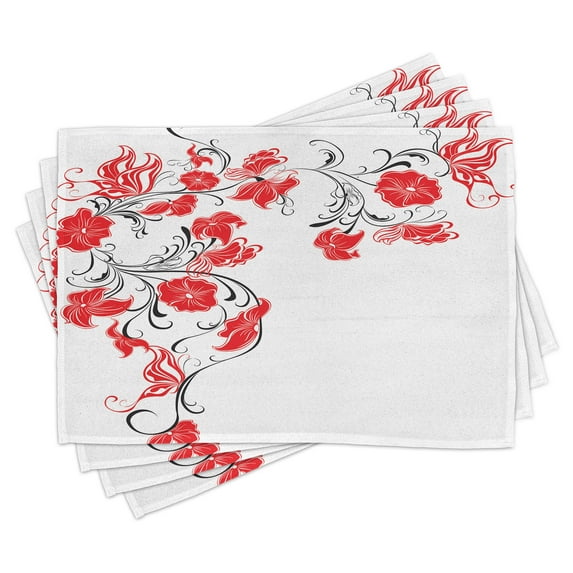 Ambesonne East Place Mats Set of 4, Japanese Flowers Ivy, Standard Size, Scarlet White