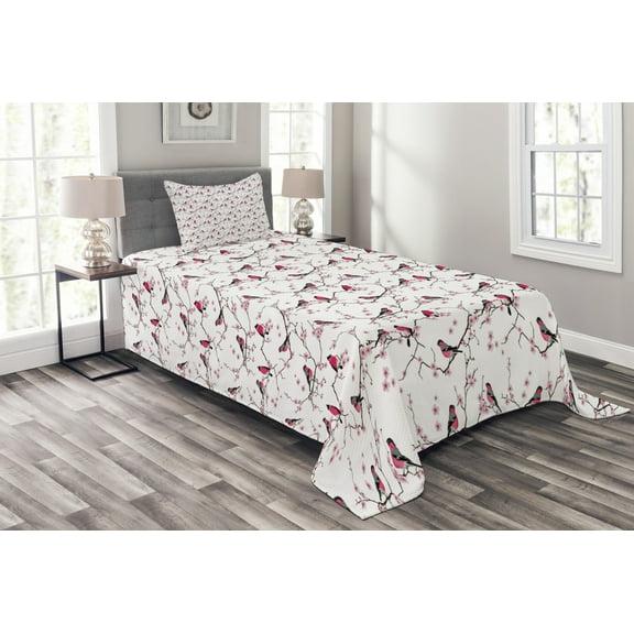 Ambesonne East Quilted Bedspread Set 2 Pcs, Bullfinch Birds Sakura, Twin Size, Pink Black Grey