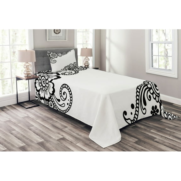 Ambesonne East Quilted Bedspread Set 2 Pcs, Floral Oriental Art Ornament, Twin Size, White Black