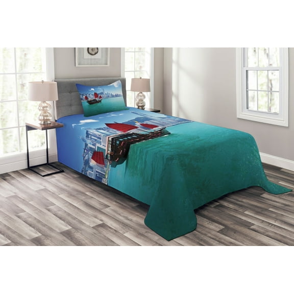 Ambesonne East Quilted Bedspread Set 2 Pcs, Hong Kong Harbour Boat, Twin Size, Blue Aqua Red