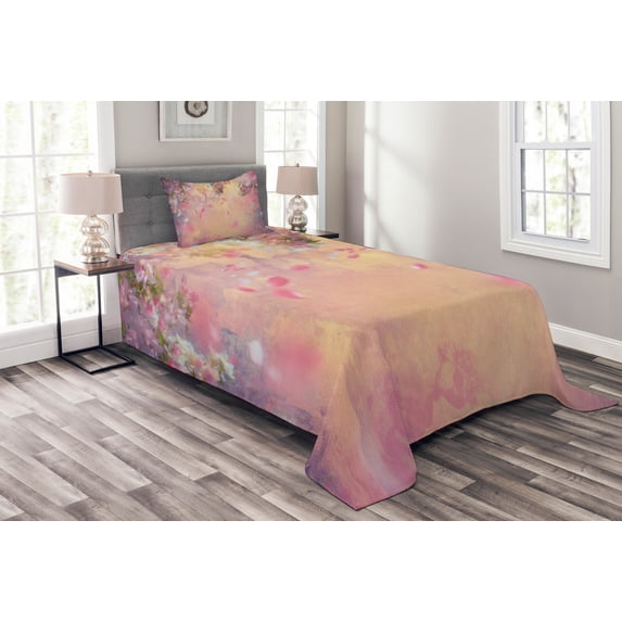 Ambesonne East Quilted Bedspread Set 2 Pcs, Japanese Flourishing Spring, Twin Size, Peach Lavender