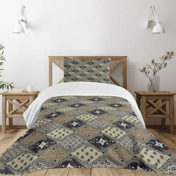 Ambesonne East Quilted Bedspread Set 2 Pcs, Old Fashioned Batik Pattern, Twin Size, Tan Black