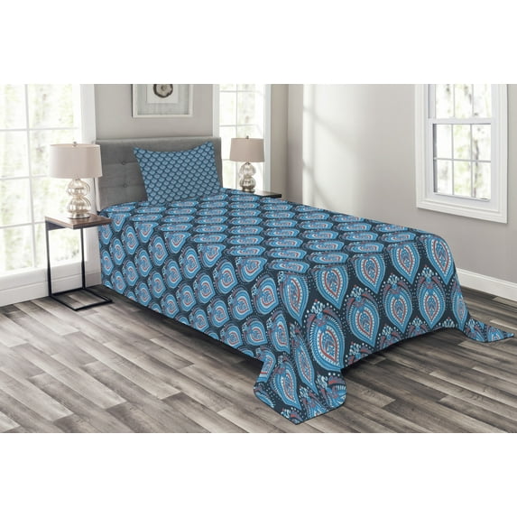 Ambesonne East Quilted Bedspread Set 2 Pcs, Oval Floral Dots Illustration, Twin Size, Charcoal Grey Vermilion