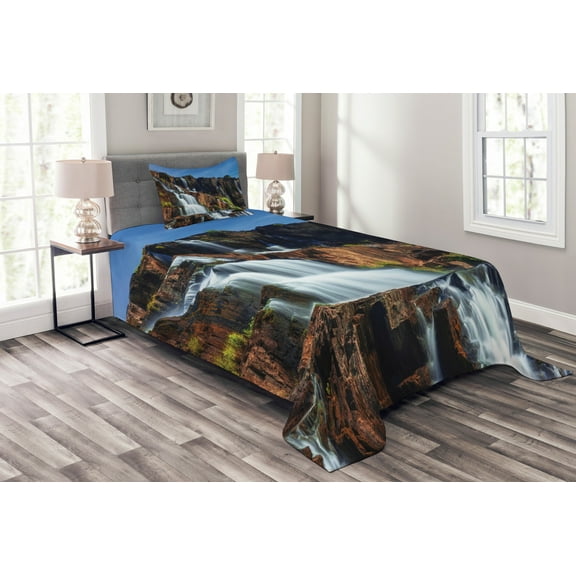 Ambesonne East Quilted Bedspread Set 2 Pcs, Pongour Waterfall Exotic, Twin Size, White Blue
