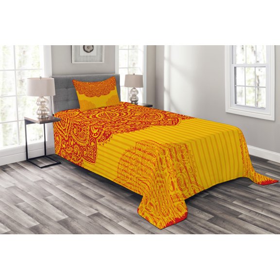 Ambesonne East Quilted Bedspread Set 2 Pcs, Retro Traditional Design, Twin Size, Red Yellow