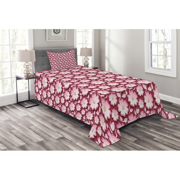 Ambesonne East Quilted Bedspread Set 2 Pcs, Romantic Floral Pattern, Twin Size, Pink Yellow Maroon