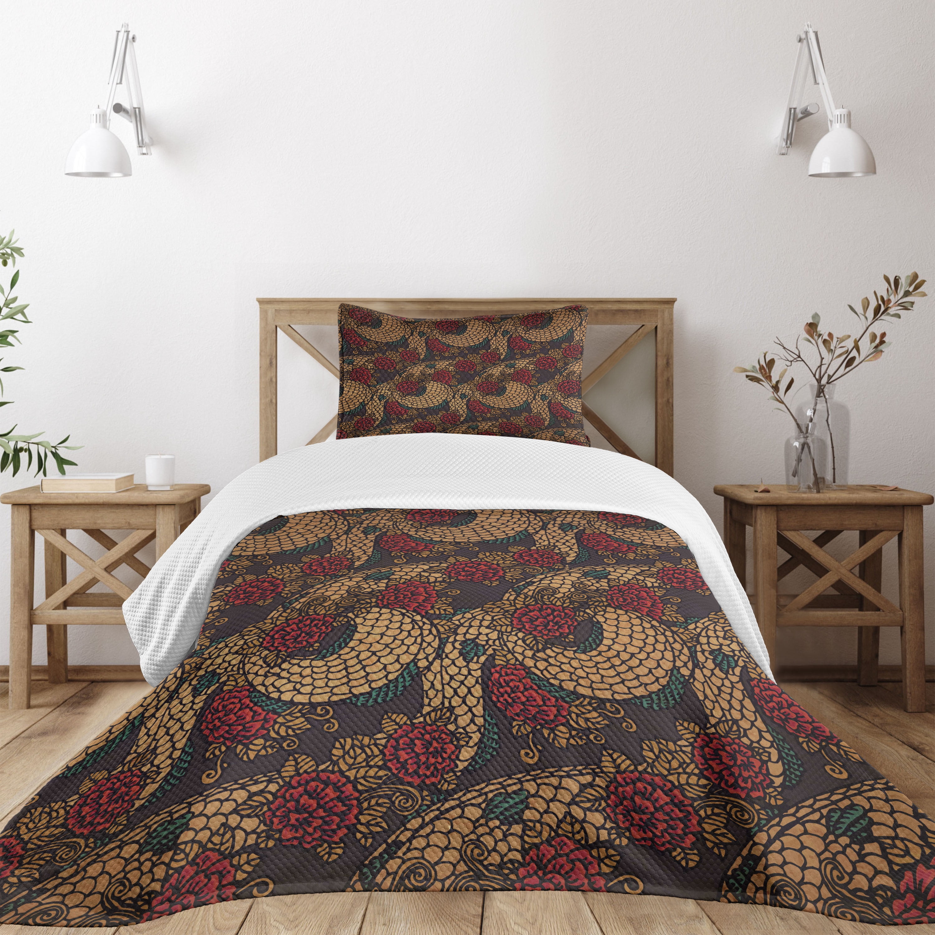 Jade Green and Sand Brown Traditional Dragon Bedspread Set
