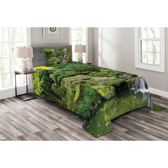 Ambesonne East Quilted Bedspread Set 2 Pcs, Trees Foliage Rock Garden, Twin Size, Green White