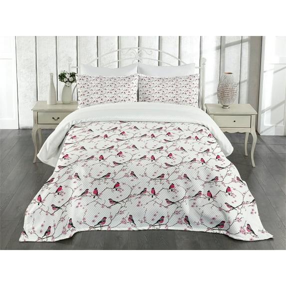 Ambesonne East Quilted Bedspread Set 3 Pcs, Bullfinch Birds Sakura, King Size, Pink Black Grey