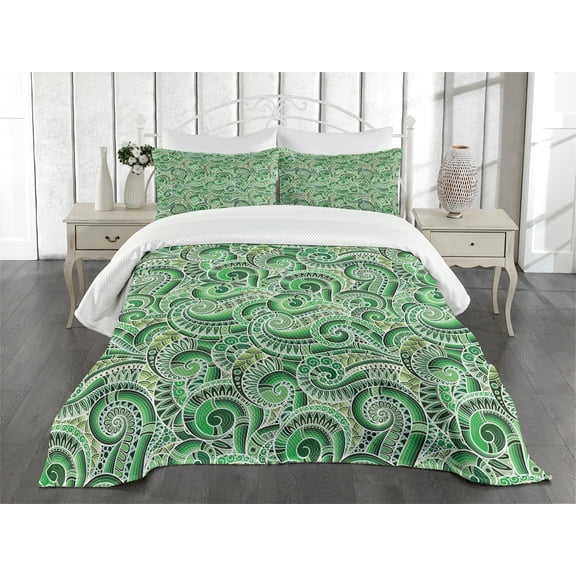 Ambesonne East Quilted Bedspread Set 3 Pcs, Classical Retro Green Swirls, Queen Size, Black and Green