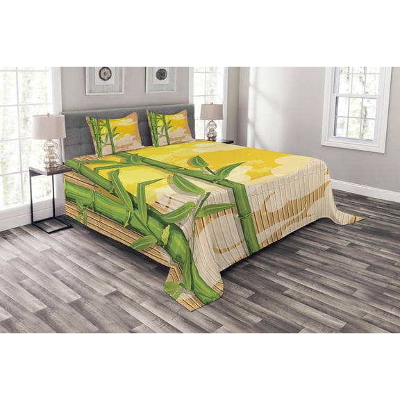 Ambesonne East Quilted Bedspread Set 3 Pcs, Exotic Full Moon Clouds Look, Queen Size, Yellow Green Pale Brown