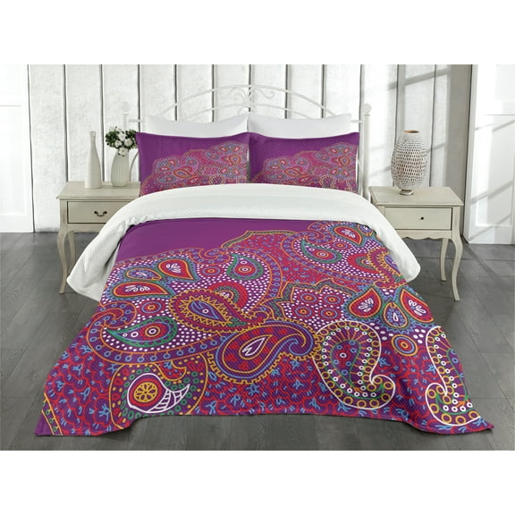 Ambesonne East Quilted Bedspread Set 3 Pcs, Floral Paisley Art, King Size, Multicolor