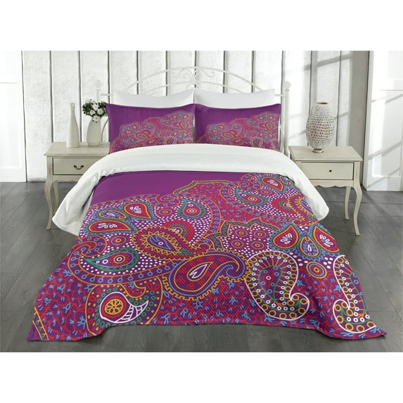 Ambesonne East Quilted Bedspread Set 3 Pcs, Floral Paisley Art, King Size, Multicolor