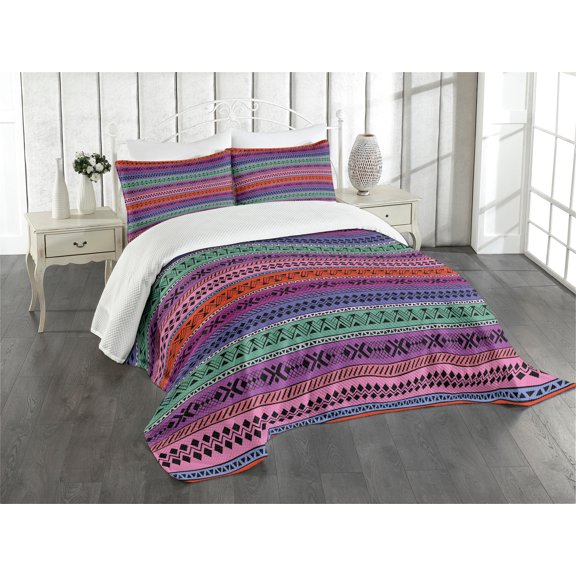 Ambesonne East Quilted Bedspread Set 3 Pcs, Geometric Colorful, Queen Size, Multicolor