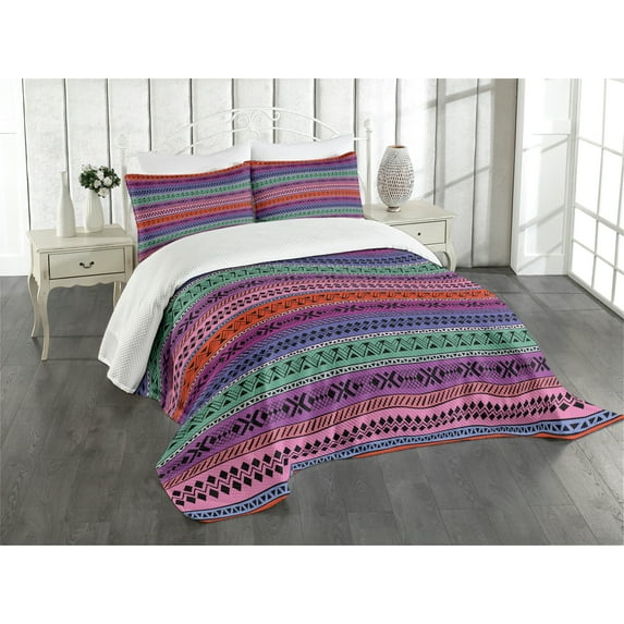 Ambesonne East Quilted Bedspread Set 3 Pcs, Geometric Colorful, Queen Size, Multicolor
