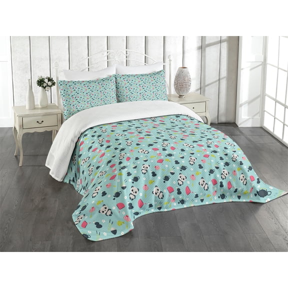 Ambesonne East Quilted Bedspread Set 3 Pcs, Japanese Culture Motifs, Queen Size, Multicolor