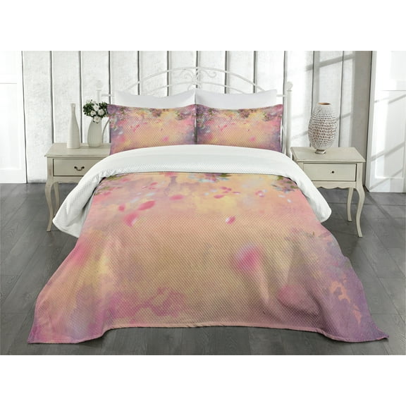 Ambesonne East Quilted Bedspread Set 3 Pcs, Japanese Flourishing Spring, Queen Size, Peach Lavender