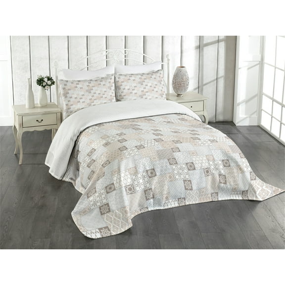 Ambesonne East Quilted Bedspread Set 3 Pcs, Oriental Checkered Motif, King Size, Grey Tan Taupe