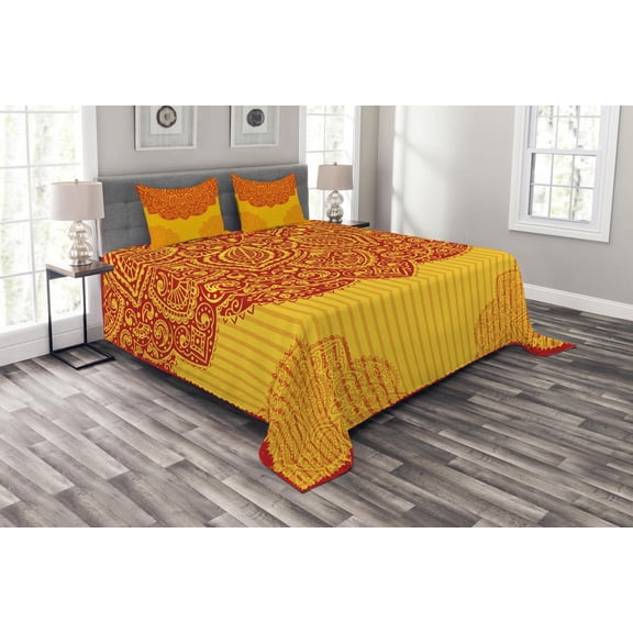 Ambesonne East Quilted Bedspread Set 3 Pcs, Retro Traditional Design, Queen Size, Red Yellow