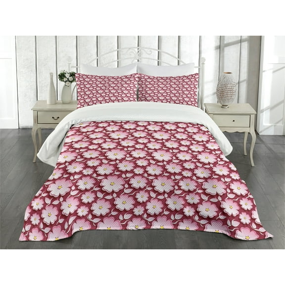 Ambesonne East Quilted Bedspread Set 3 Pcs, Romantic Floral Pattern, King Size, Pink Yellow Maroon