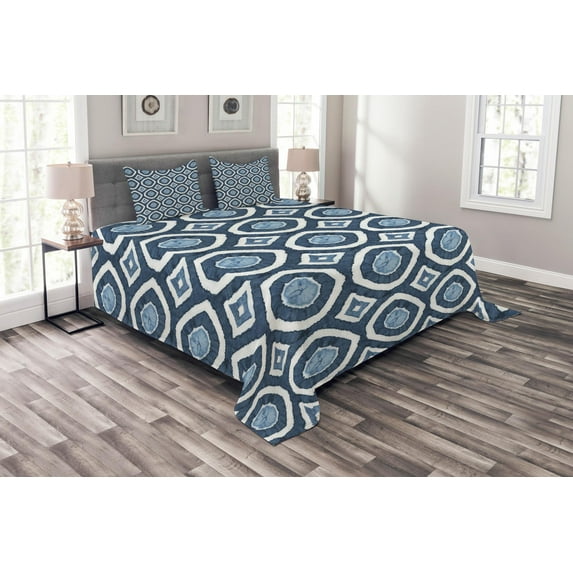 Ambesonne East Quilted Bedspread Set 3 Pcs, Shibori Dyeing Style, King Size, Night Blue and Pale Blue