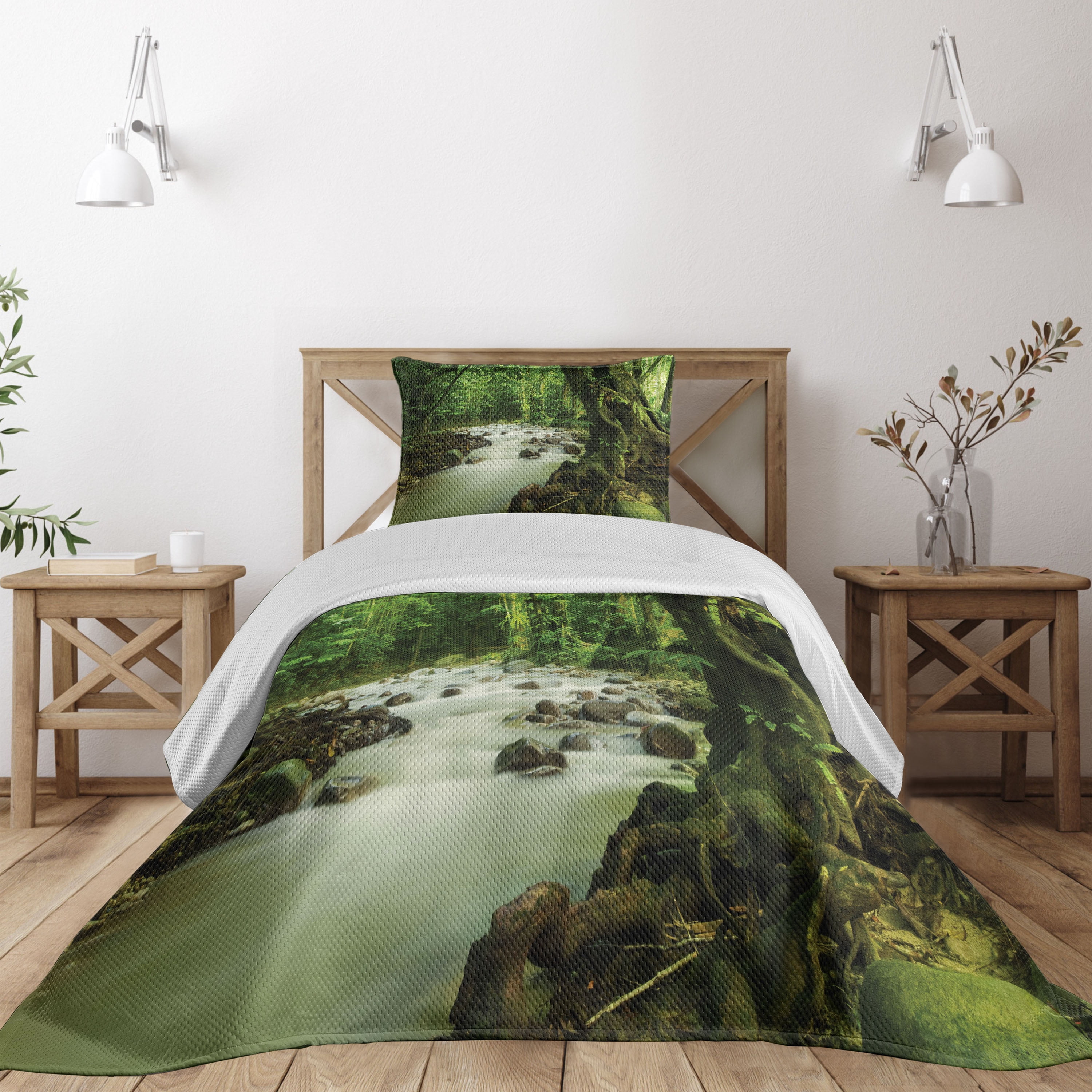 Twin Green Forest Microfiber Quilted Bedspread Set