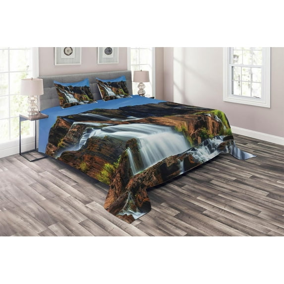 Ambesonne East Quilted Coverlet 3 Pcs, Pongour Waterfall Exotic, King Size, White Blue
