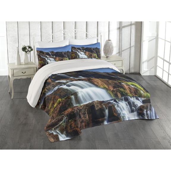 Ambesonne East Quilted Coverlet 3 Pcs, Pongour Waterfall Exotic, Queen Size, White Blue