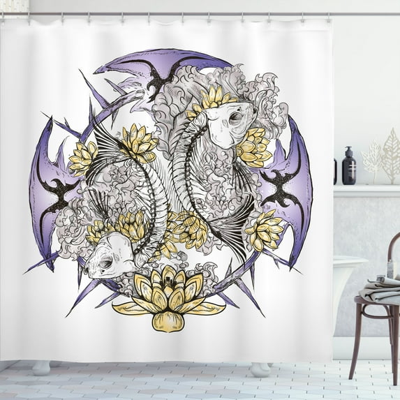 Ambesonne East Shower Curtain, Fish Skeleton Lotus Art, 69"Wx75"L, Purple Yellow