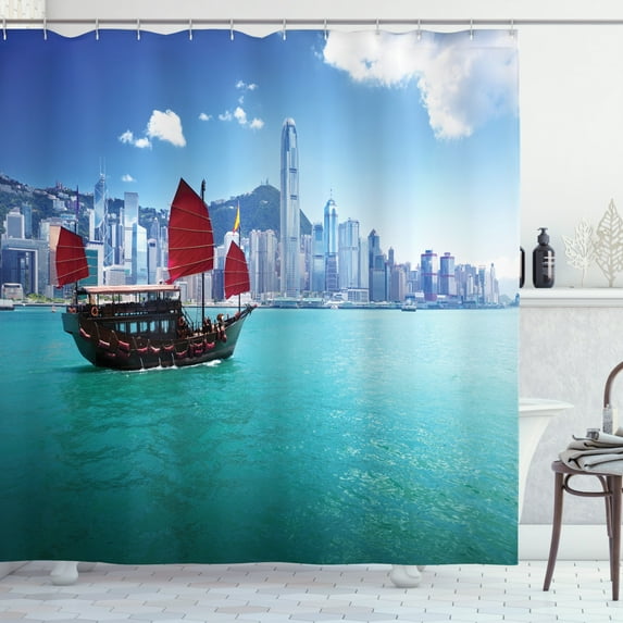 Ambesonne East Shower Curtain, Hong Kong Harbour Boat, 69"Wx75"L, Blue Aqua Red