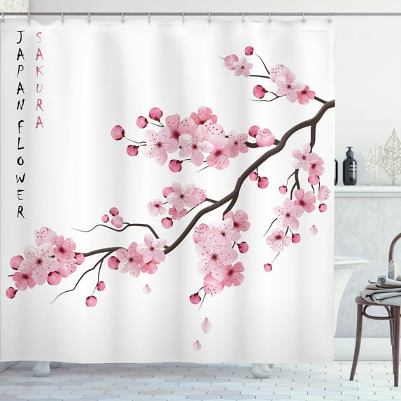 Ambesonne East Shower Curtain, Japanese Cherry Branch, 69"Wx75"L, Pink White
