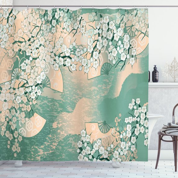 Ambesonne East Shower Curtain, Japanese Cherry Sakura Print, 69"Wx70"L, Dark Seafoam