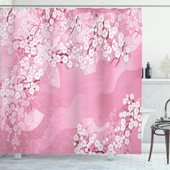 Ambesonne East Shower Curtain, Japanese Cherry Sakura Print, 69"Wx84"L, Baby Pink