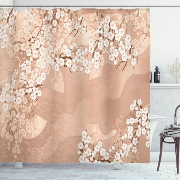 Ambesonne East Shower Curtain, Japanese Cherry Sakura Print, 69"Wx84"L, Peach Beige