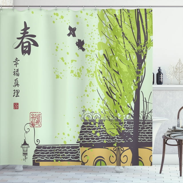 Ambesonne East Shower Curtain, Landscape with Tiled Roof, 69"Wx75"L, Pale Green and Multicolor