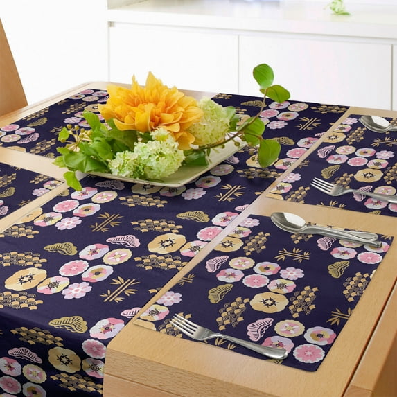 Ambesonne East Table Runner & Placemats, Japanese Style Clouds Waves, Placemat 4 pcs + Runner 14"x90", Indigo and Multicolor