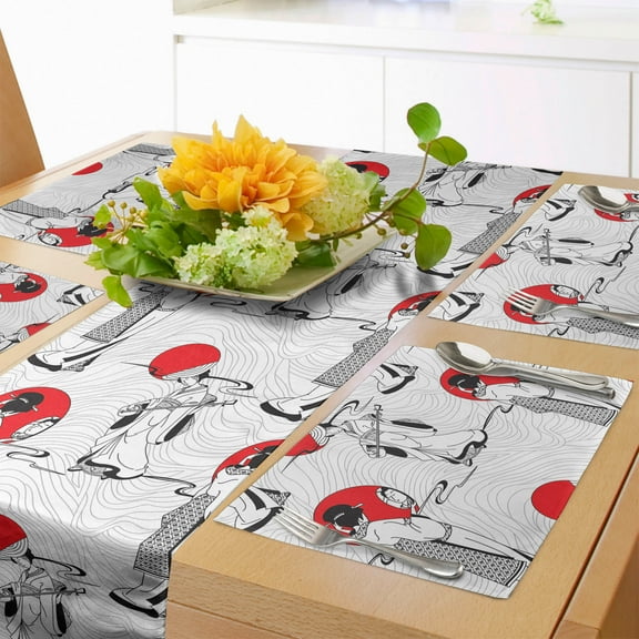 Ambesonne East Table Runner & Placemats, Modern Japanese, Placemat 4 pcs + Runner 12"x72", Black Red
