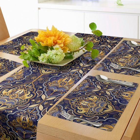 Ambesonne East Table Runner & Placemats, Oriental Pattern, Placemat 4 pcs + Runner 16"x90", Yellow Purple