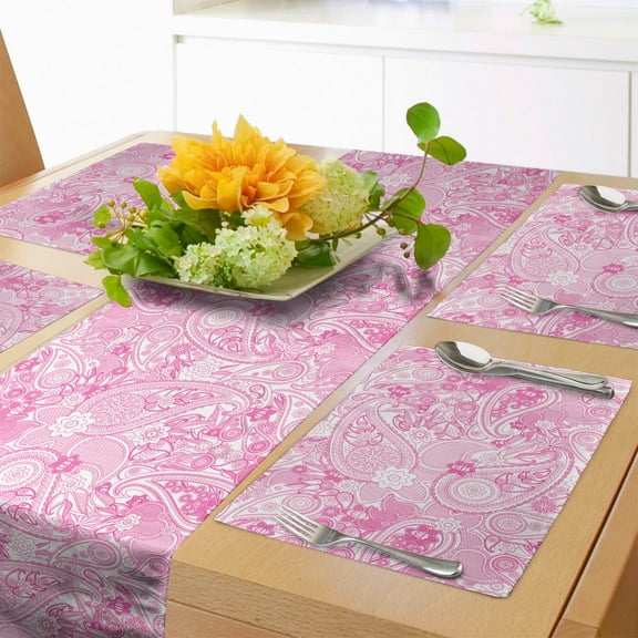 Ambesonne East Table Runner & Placemats, Paisley Leaves, Placemat 4 pcs + Runner 12"x72", Pink and White