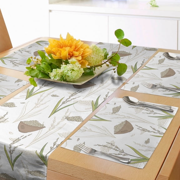 Ambesonne East Table Runner & Placemats, Rice Plant Leaves Bowl Food, Placemat 4 pcs + Runner 12"x72", Warm Taupe Reseda Green