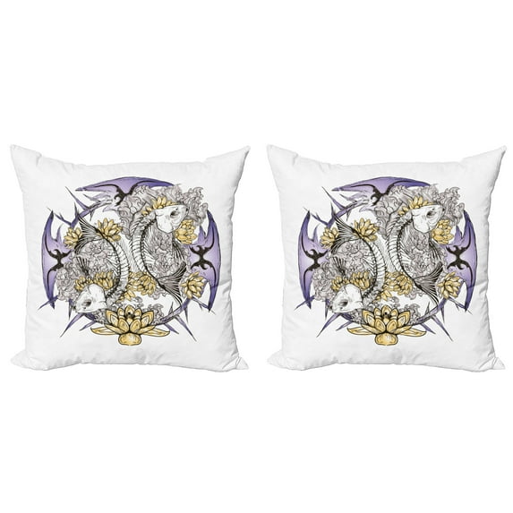 Ambesonne East Throw Pillow Cover 2 Pack, Fish Skeleton Lotus Art, 20", Purple Yellow