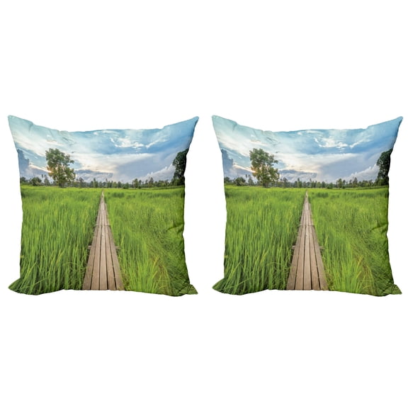 Ambesonne East Throw Pillow Cover 2 Pack, Old Wood Bridge Rice Field, 16", Green Pale Blue Tan