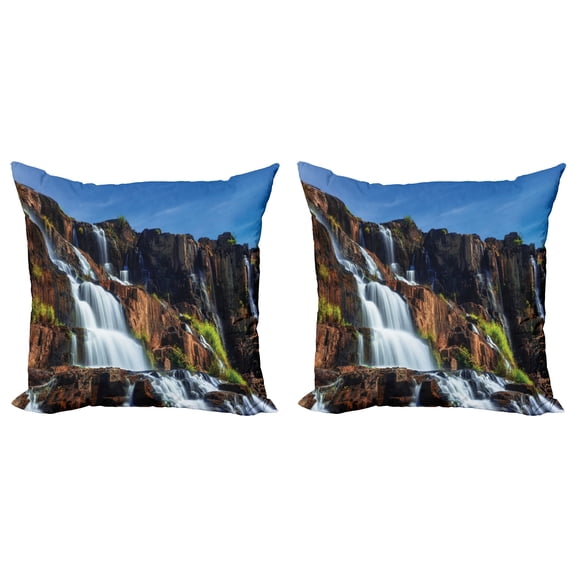 Ambesonne East Throw Pillow Cover 2 Pack, Pongour Waterfall Exotic, 16", White Blue