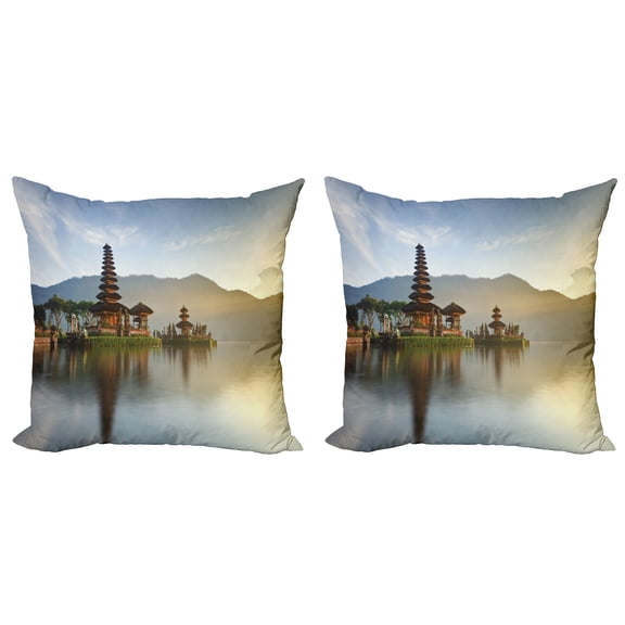 Ambesonne East Throw Pillow Cover 2 Pack, Pura Ulun Danu Building Asia, 24", Beige Brown
