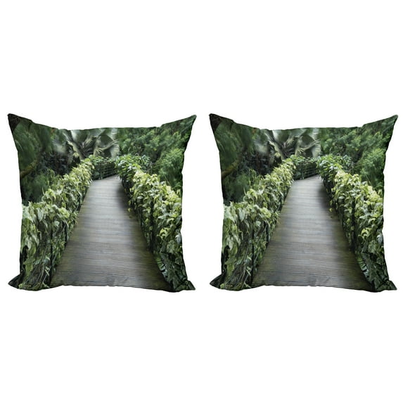 Ambesonne East Throw Pillow Cover 2 Pack, Scenic Pathway in Singapore, 18", Green Brown Fern Green