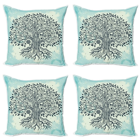 Ambesonne East Throw Pillow Cover 4 Pack, Chinese Bonsai Roots, 16", Indigo Cream Pale Blue